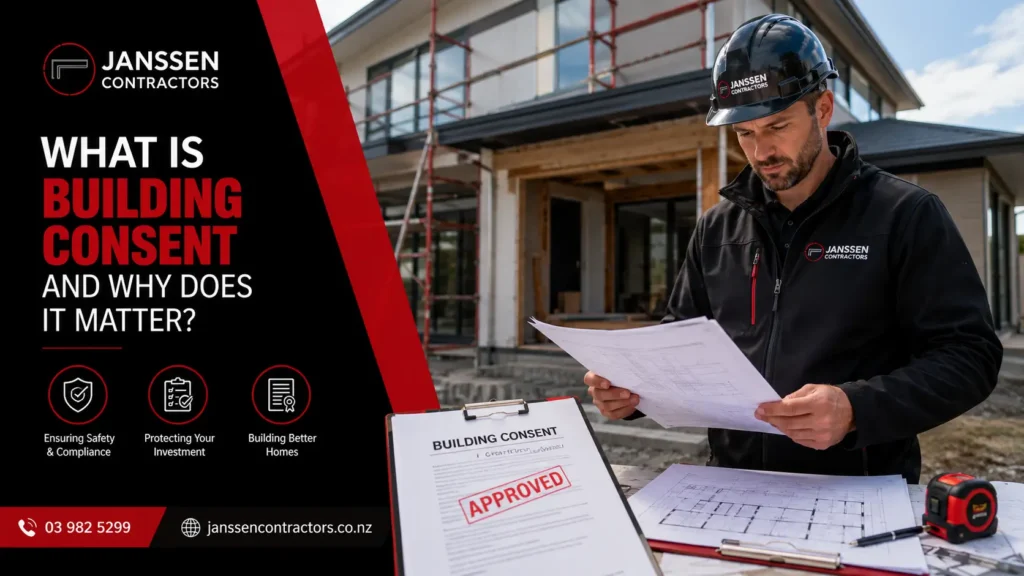 Building inspector reviewing renovation building consent documents in Christchurch.