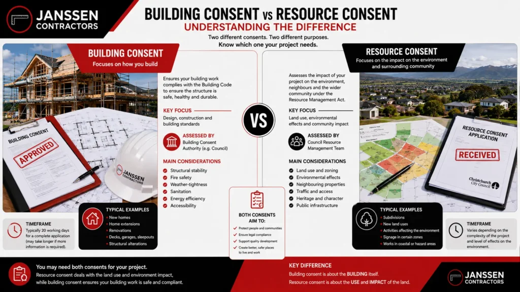 Comparison between building consent and resource consent requirements in Christchurch.