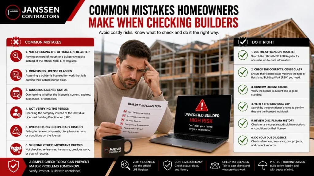 Common mistakes homeowners make when checking builder credentials and licenses.
