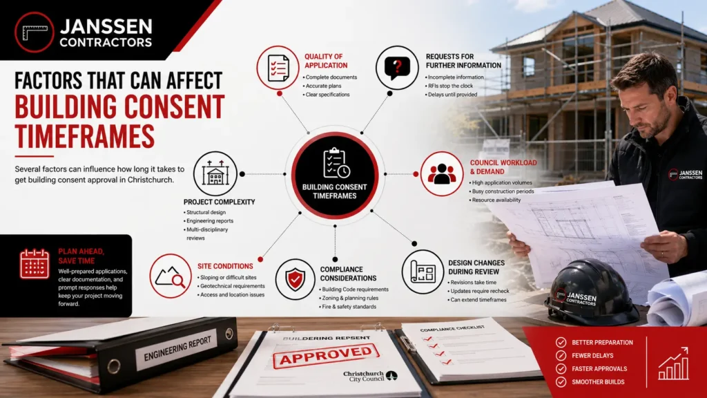 Factors influencing building consent approval timelines for Christchurch construction projects.