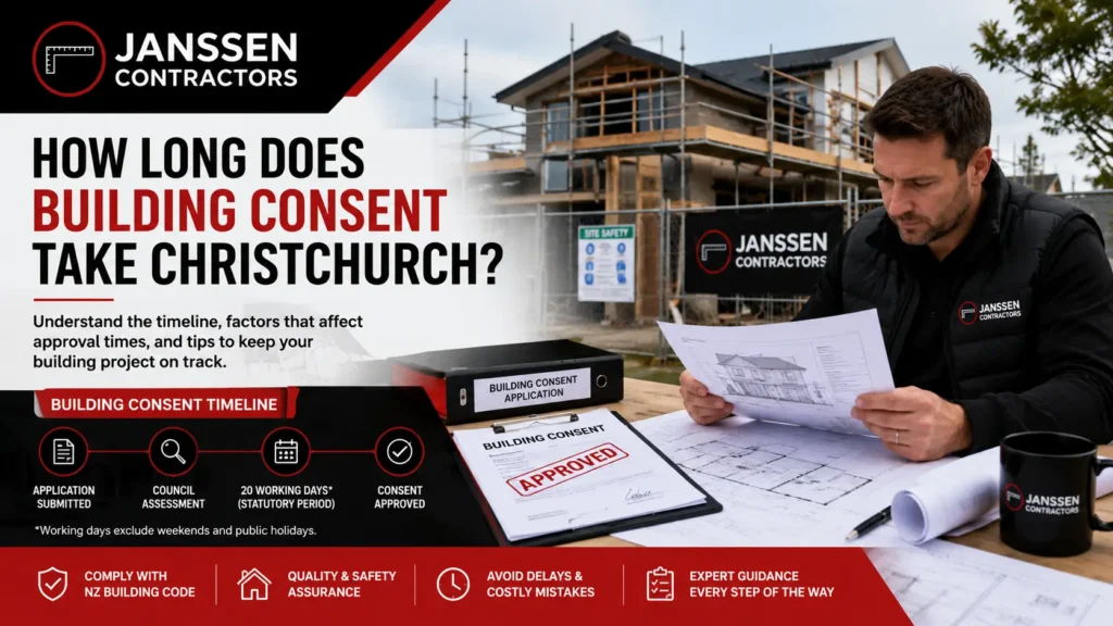 Homeowner reviewing building consent paperwork and construction plans in Christchurch.
