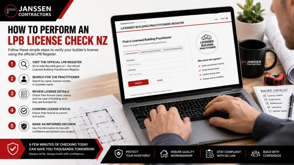 Step-by-step LPB license check NZ using the official building practitioner register.