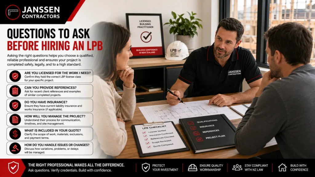 Homeowner asking important questions before hiring a Licensed Building Practitioner.
