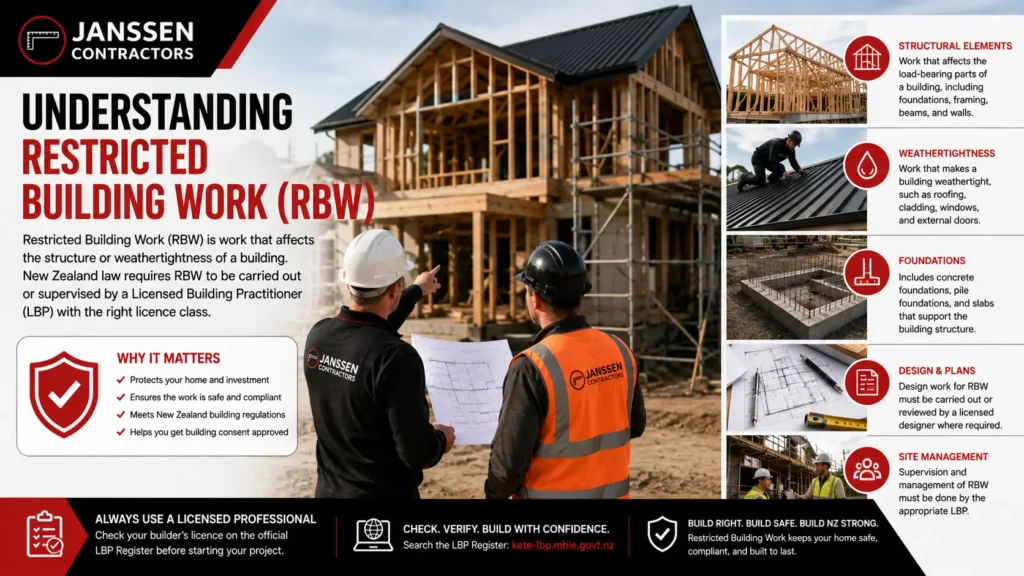 Restricted building work being completed by qualified building professionals in New Zealand.