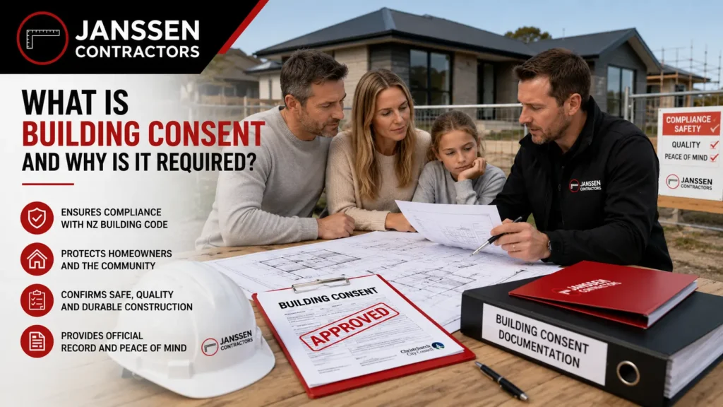 Building inspector reviewing residential building consent documents in Christchurch.