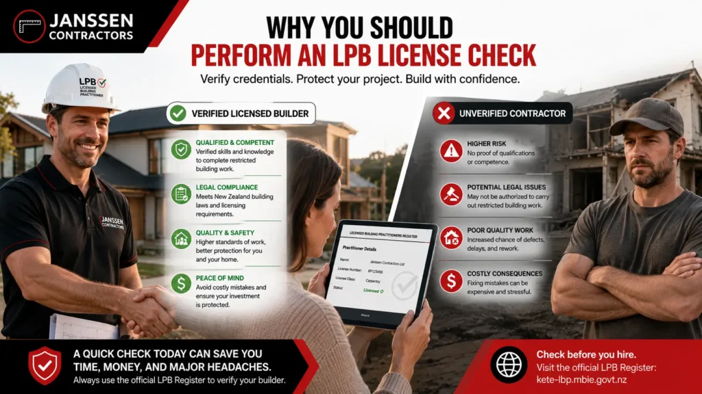 Homeowner verifying a builder through an LPB license check before construction work.